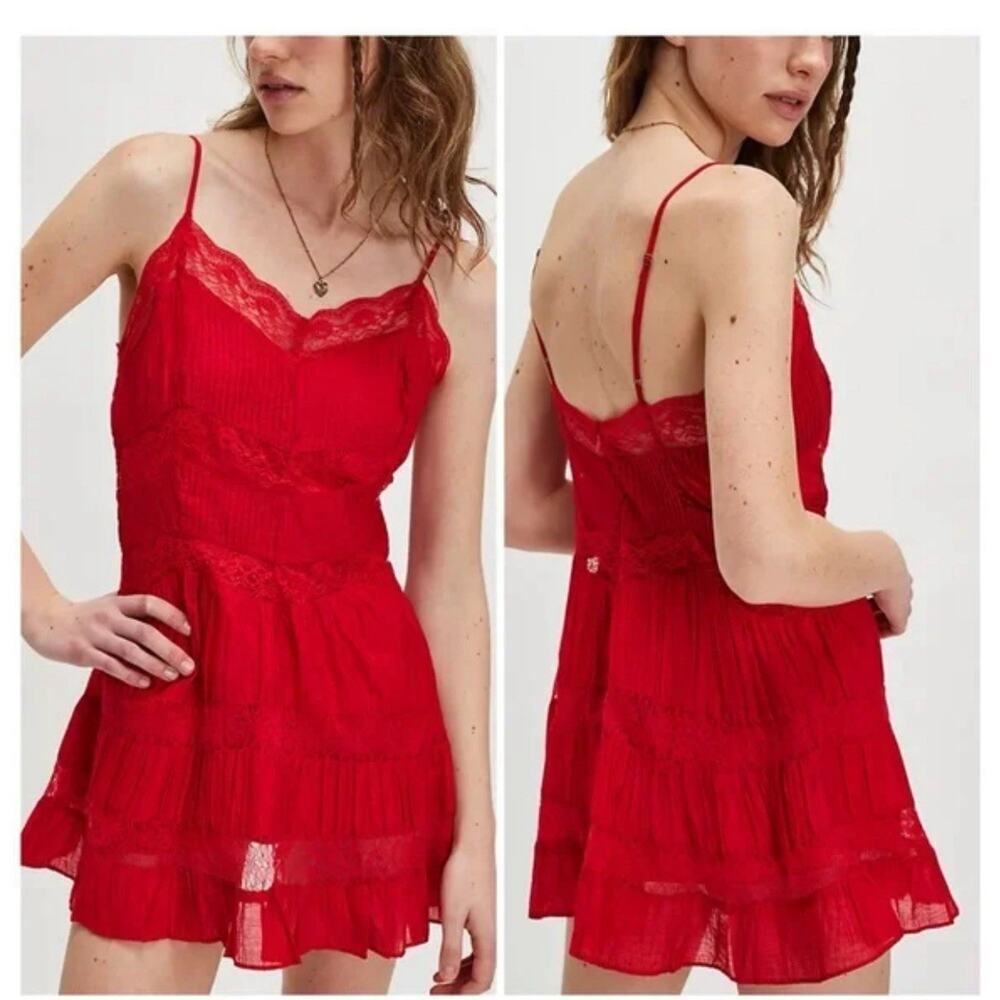 Free People Selia Slip Racing Red V Neck Tiered Lace Straps Size Small 2465